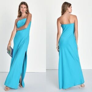 NWT Lulus Exquisite Excellence Turquoise Satin Strapless Maxi Dress